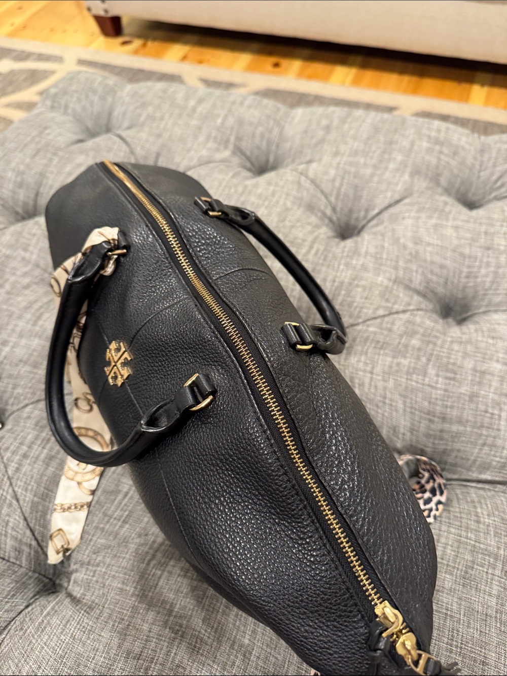 Tory Burch Bag Ivy Slouchy Black Leather Satchel with Leopard Crossbody Strap - Picture 12 of 17